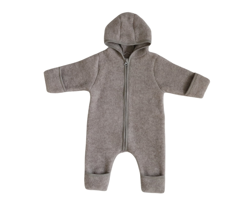 Gray baby onesie with a hood