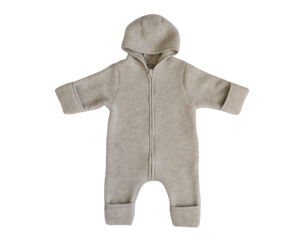 Beige baby onesie with a hood