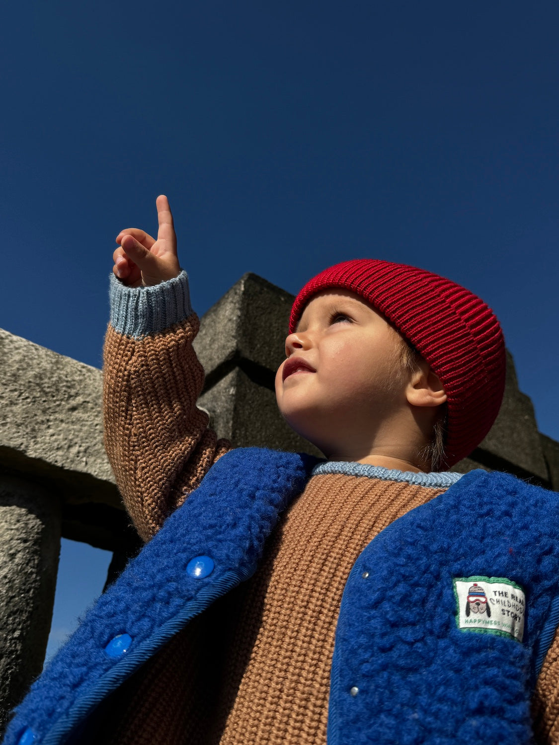 Child wearing a red beanie and blue coat pointing upwards