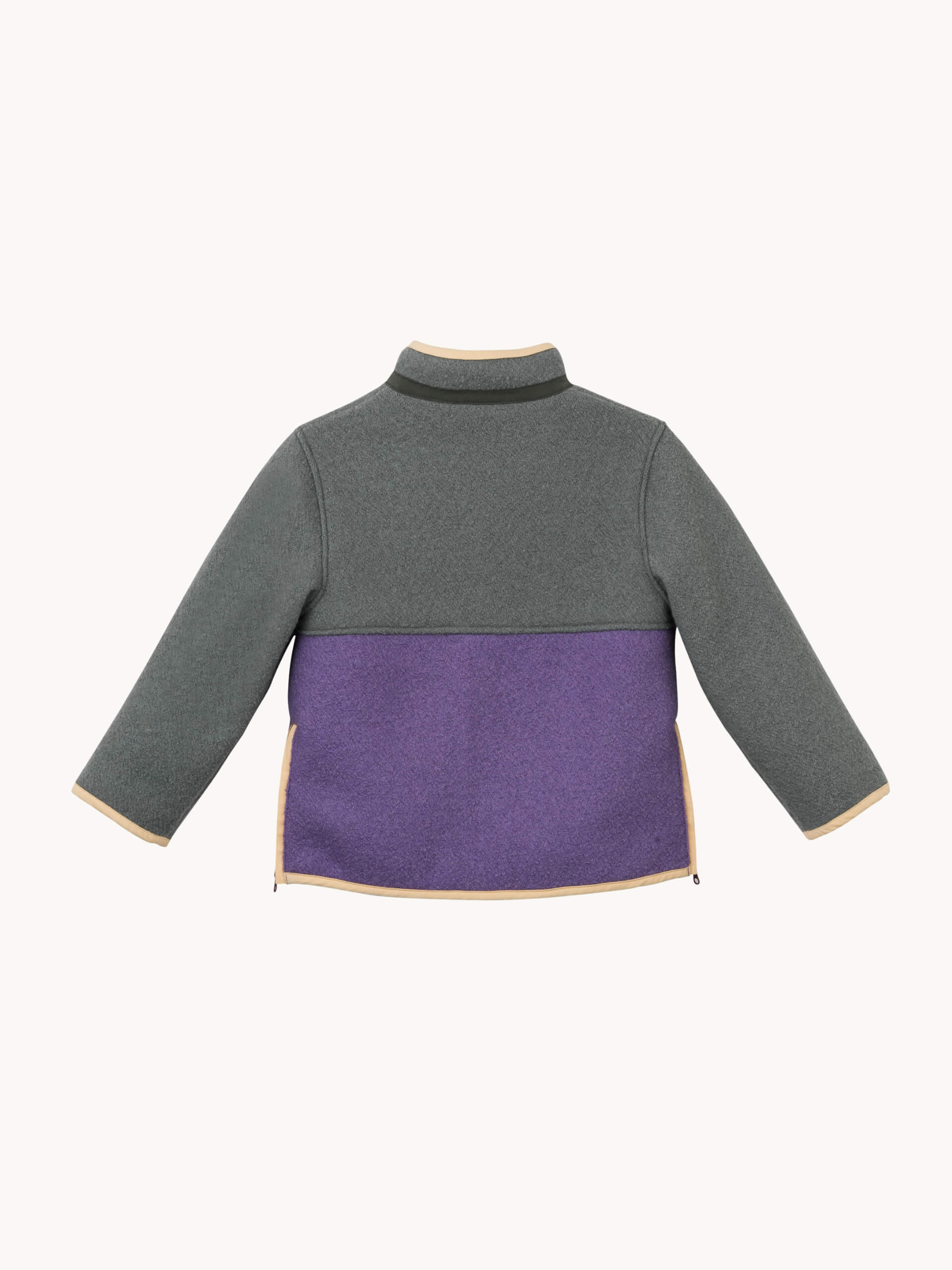 Back view of a gray and purple jacket on a white background