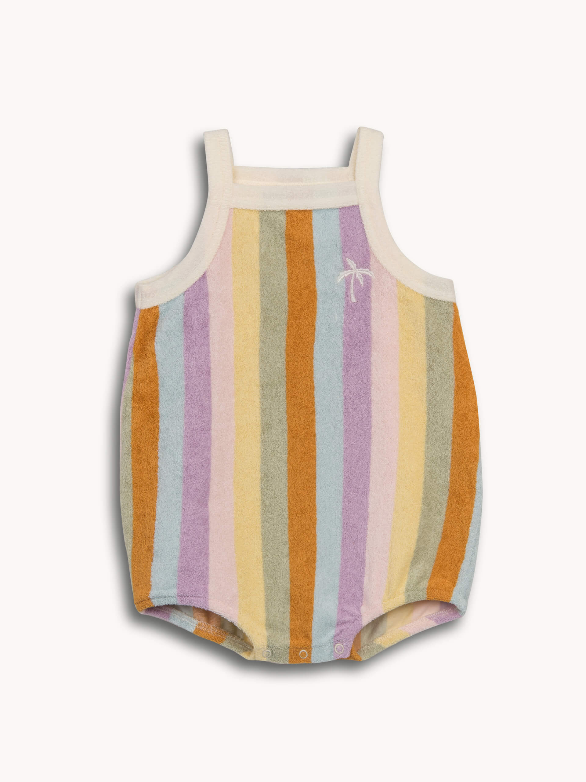 Striped baby romper with a white top on a white background