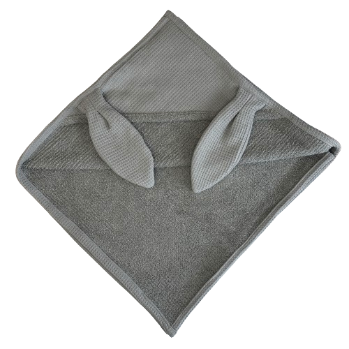 Gray hooded towel with bunny ears on a white background