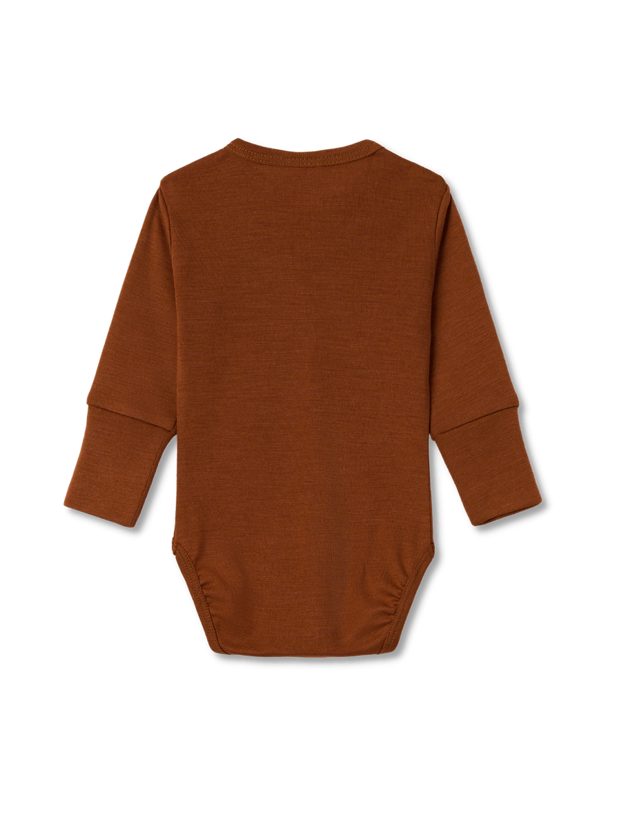baby bodysuit in color brown made from merino wool and silk a transparent background