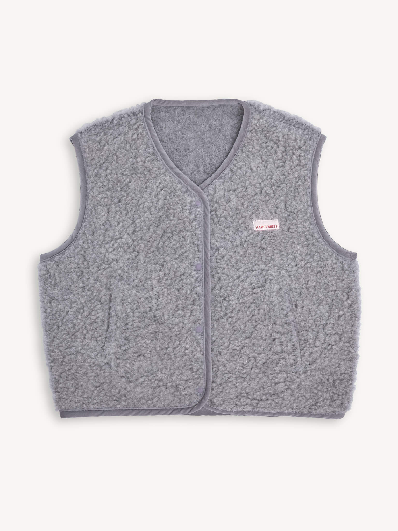 Gray fleece vest with a brand logo on a white background