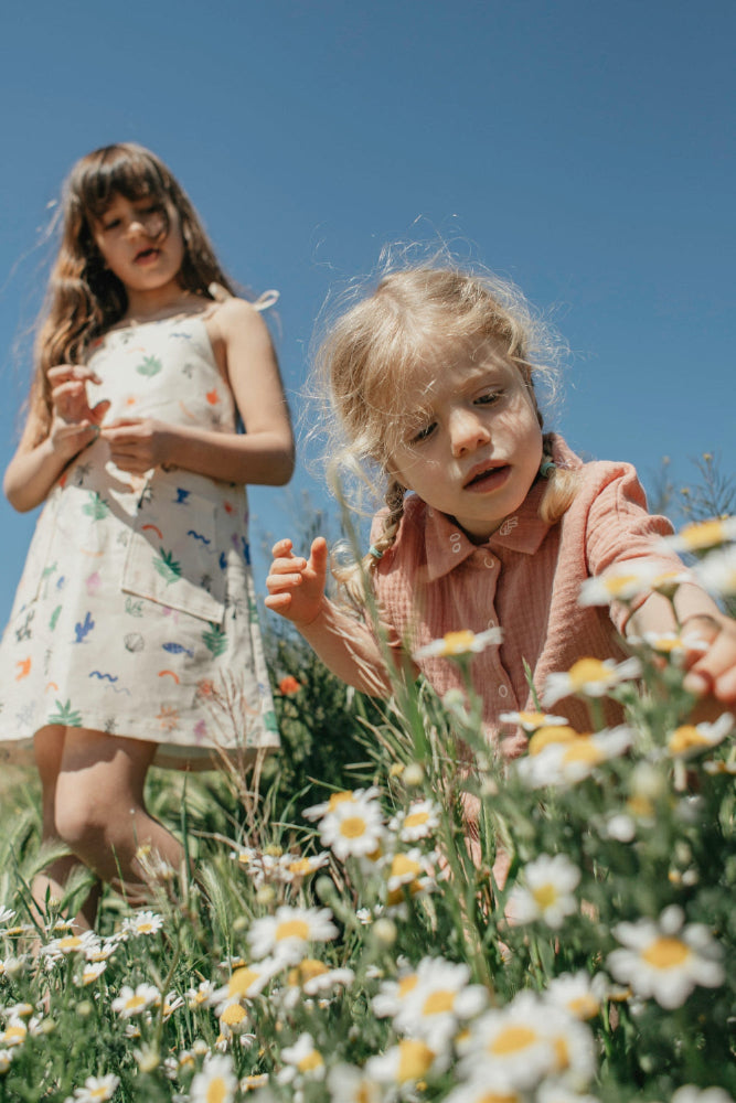 Two young girls in a field of flowers with a clear blue sky