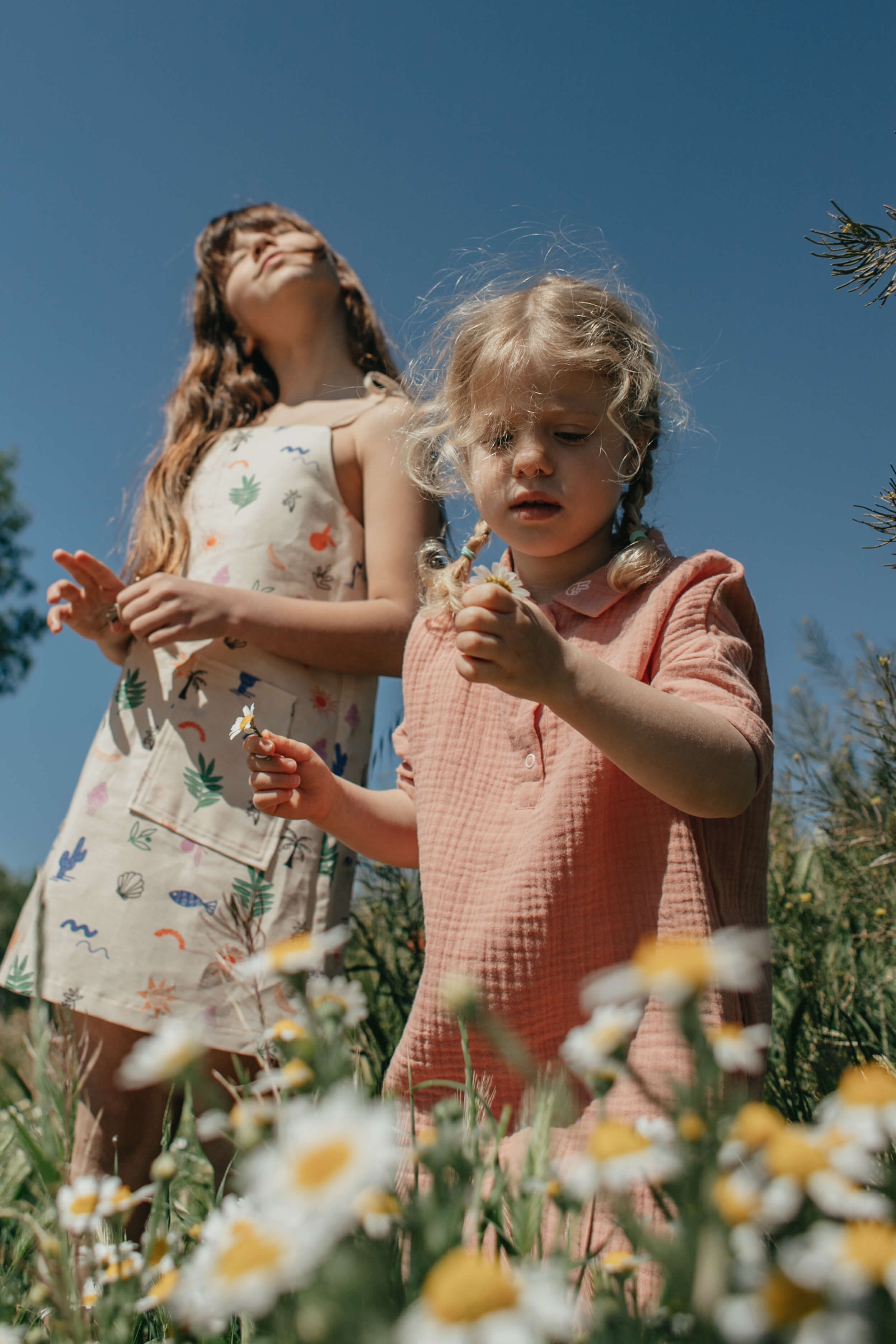 Two girls standing in a field of flowers with a clear blue sky.