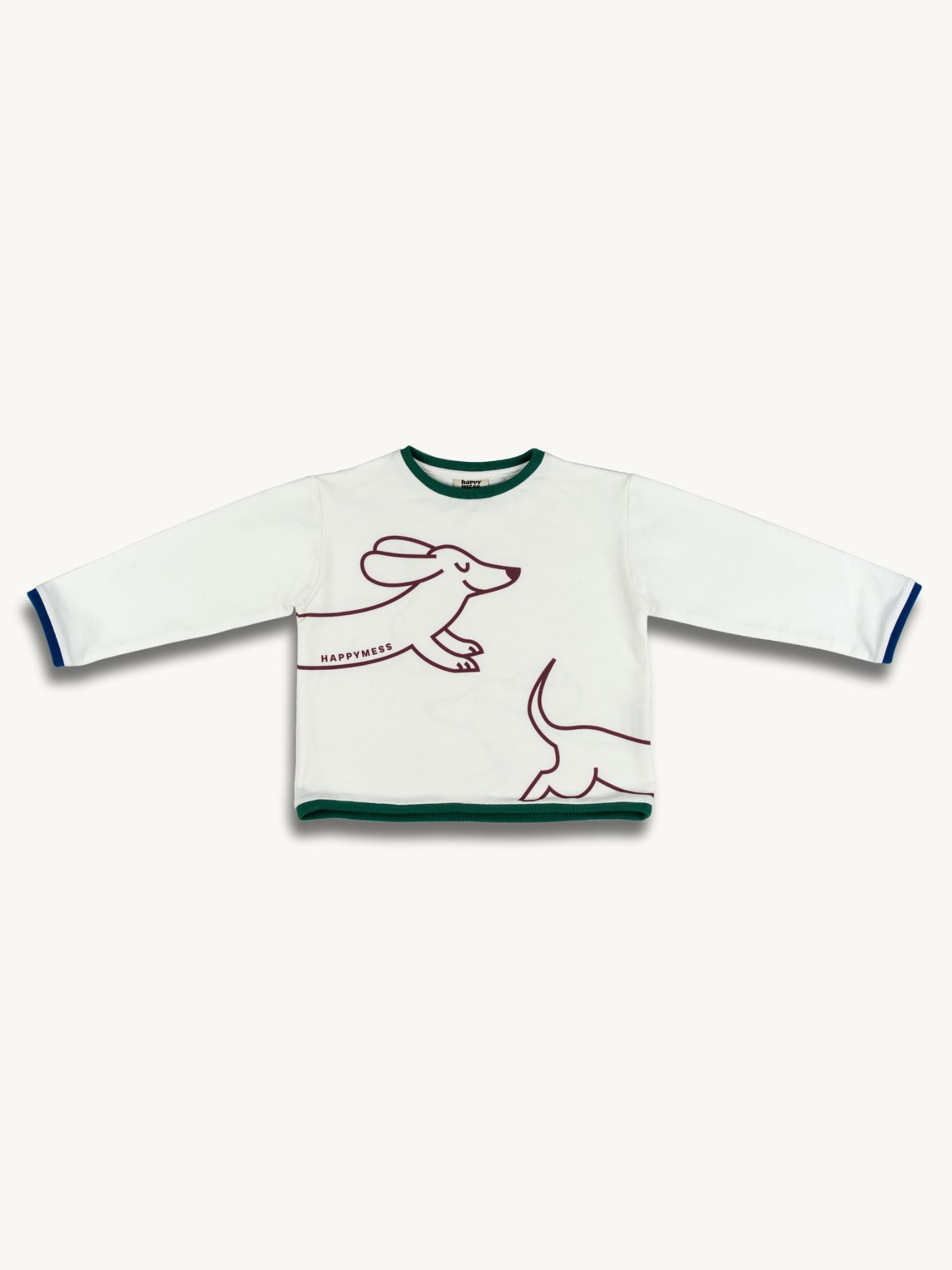White longsleeve with a round neckline, loose fit, and a decorative contrasting ribbed cuff