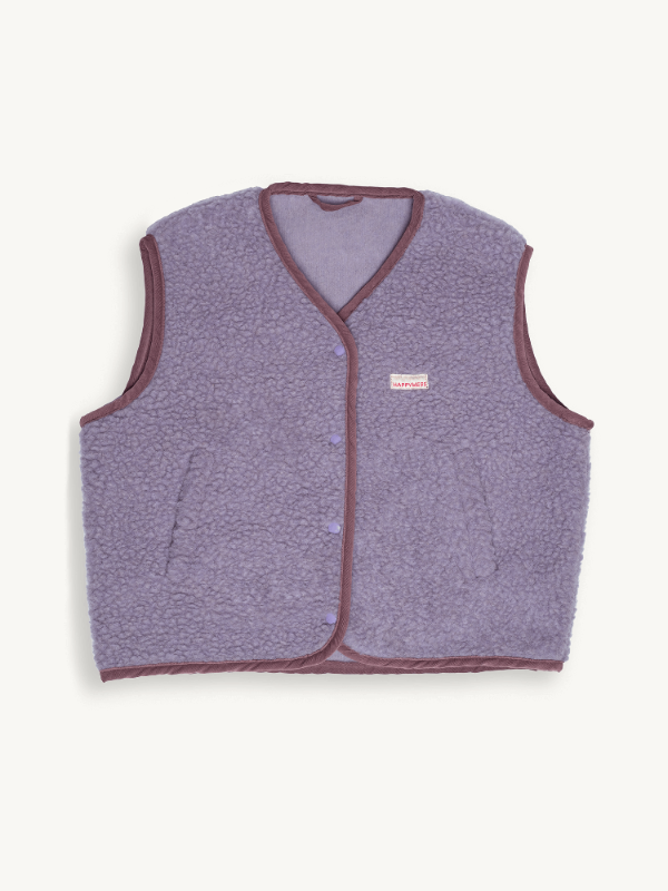 Purple vest with brown trim on a white background
