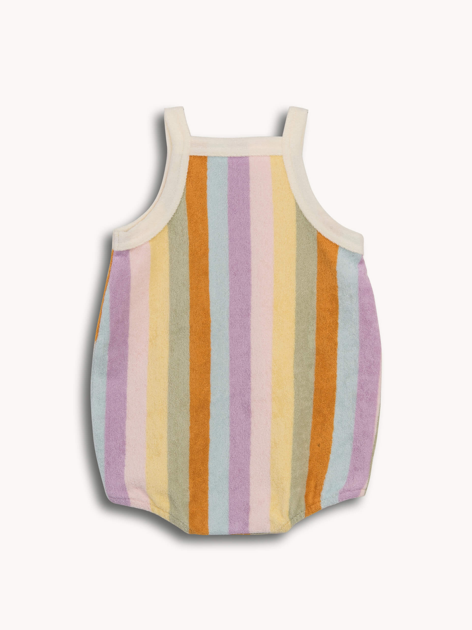 Multicolored striped romper on a white background