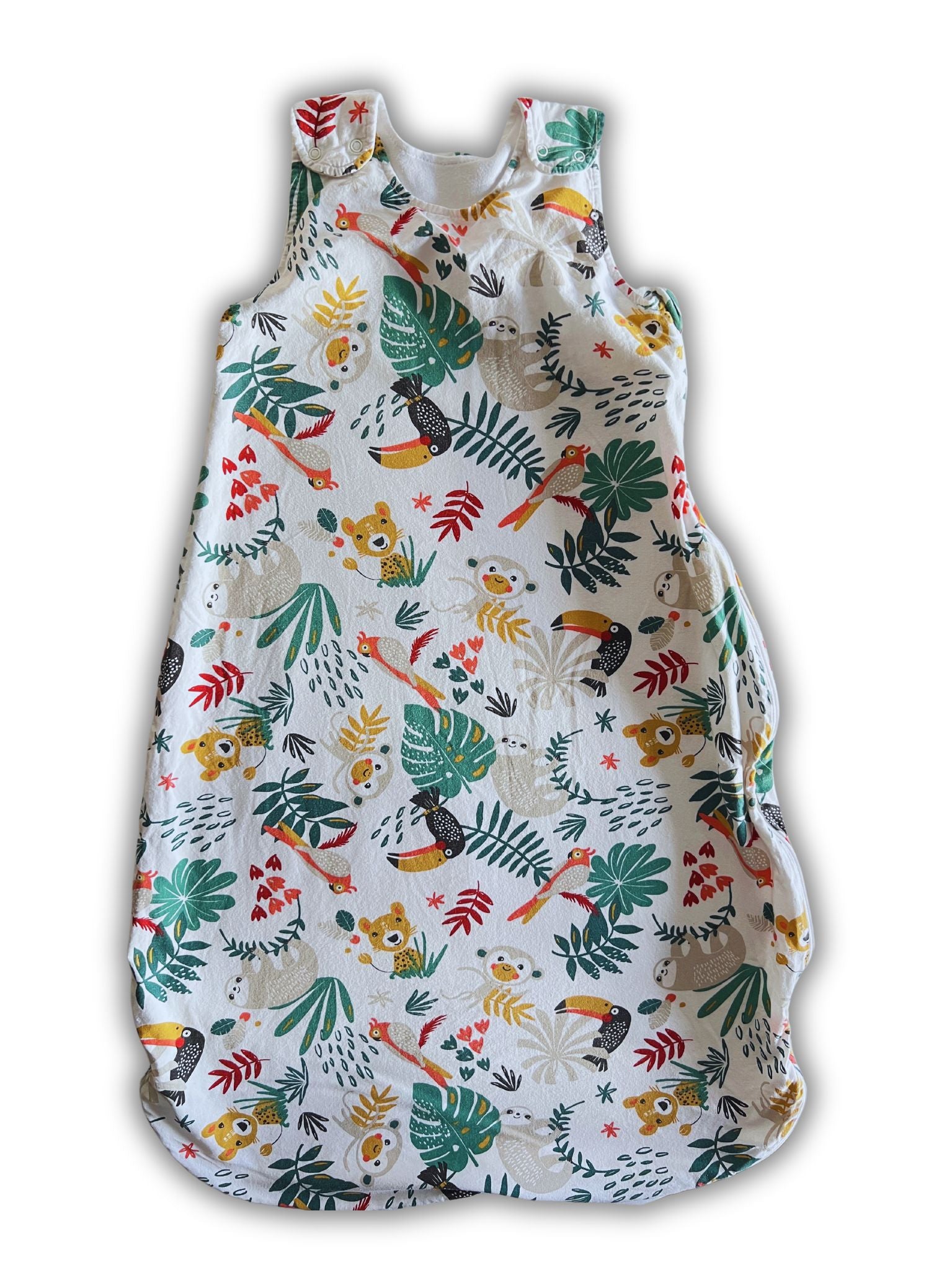 Preloved baby sleeping bag with a tropical sloths pattern, designed for 6-18 months old