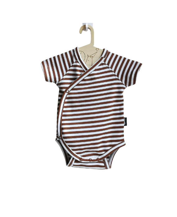 Organic Cotton (GOTS) Short Sleeve Kimono Bodysuit – Striped Dark Chocolate