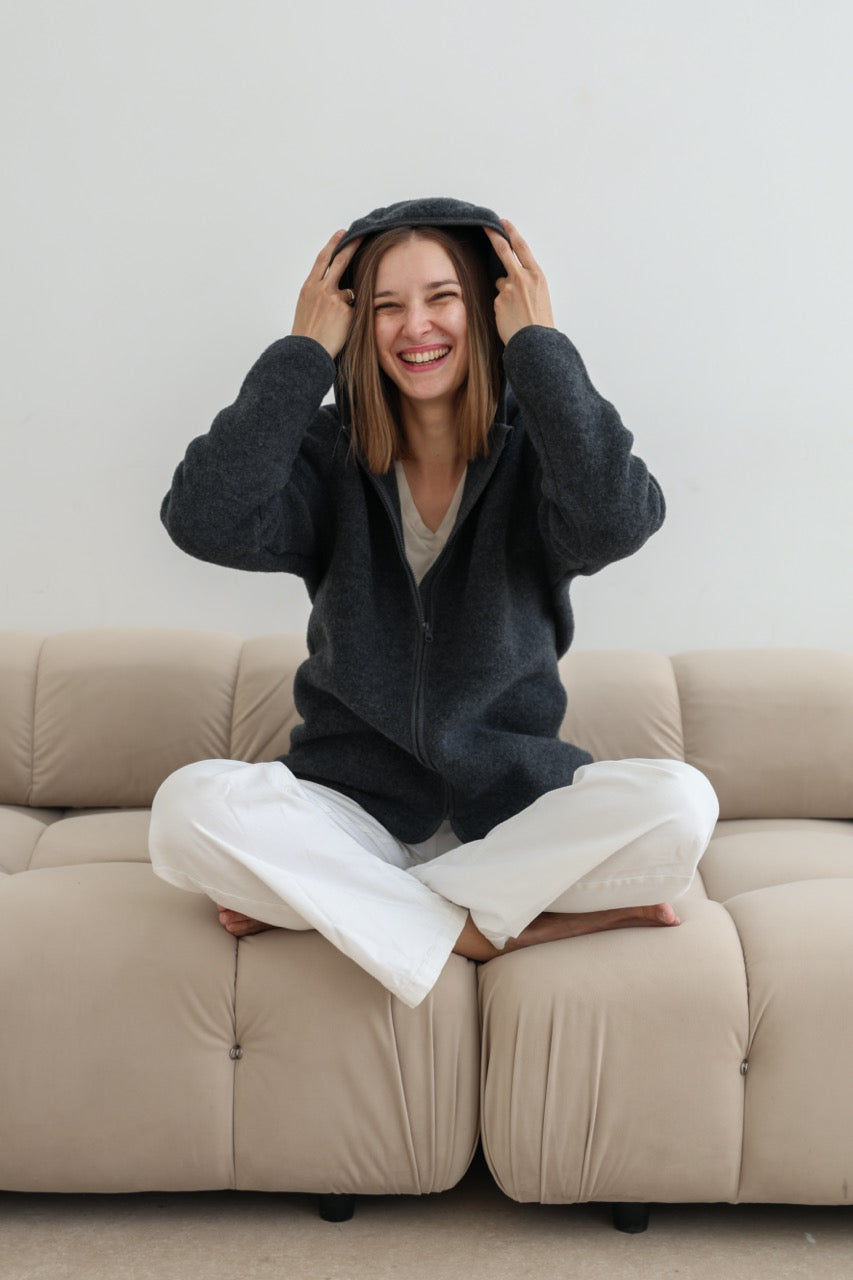 100% Merino Wool Fleece Women Jacket - Black