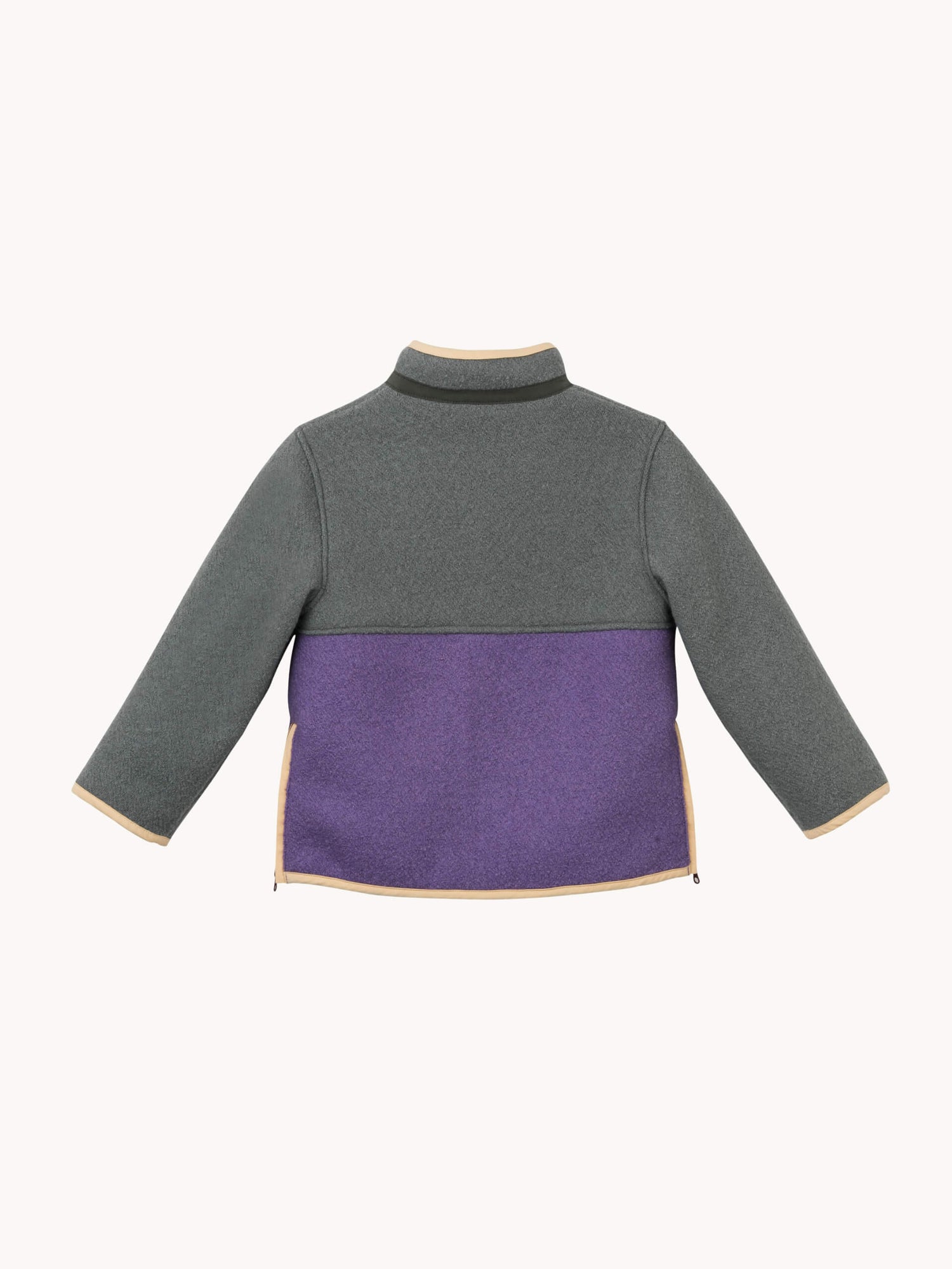 Back view of a gray and purple jacket on a white background