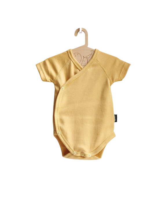 Organic, certified baby bodysuit in color yellow