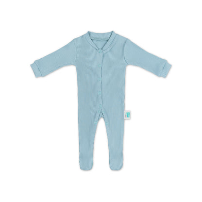 ribbed blue baby romper on a white background