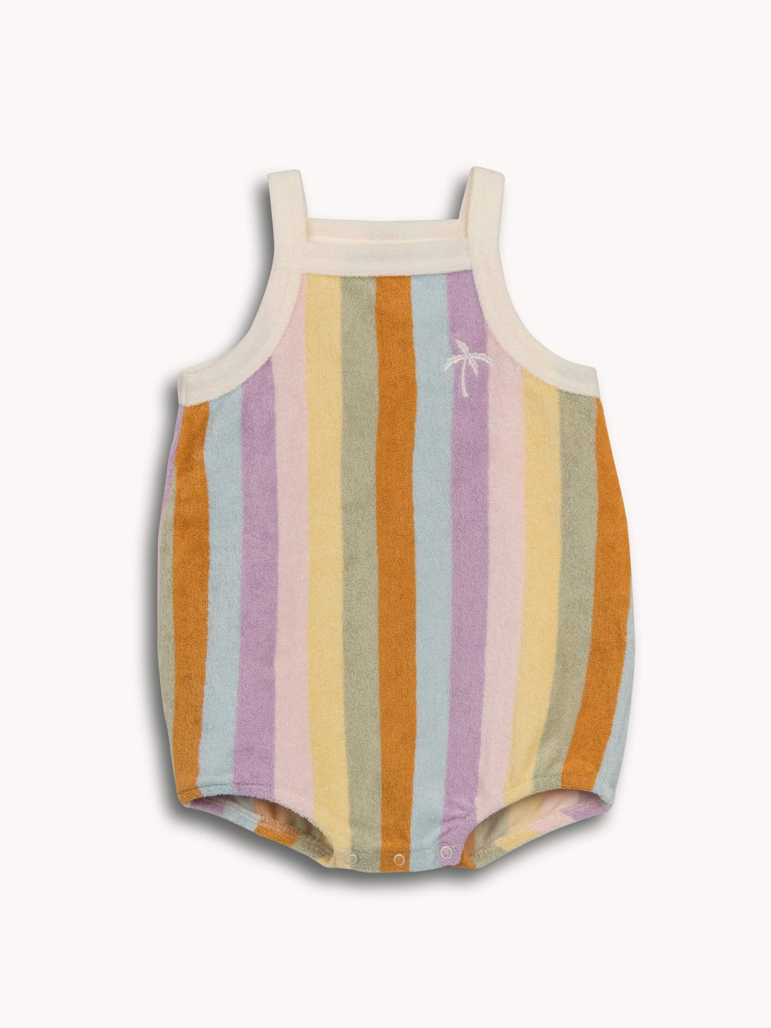 Striped baby romper with a white top on a white background