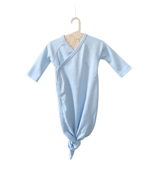 baby sleeping kimono romper in light blue color on a white plain background.