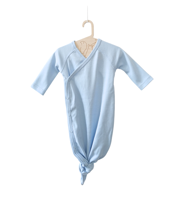 baby sleeping kimono romper in light blue color on a white plain background. 