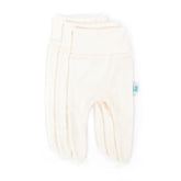 three ecru newborn pants with feet on a white background
