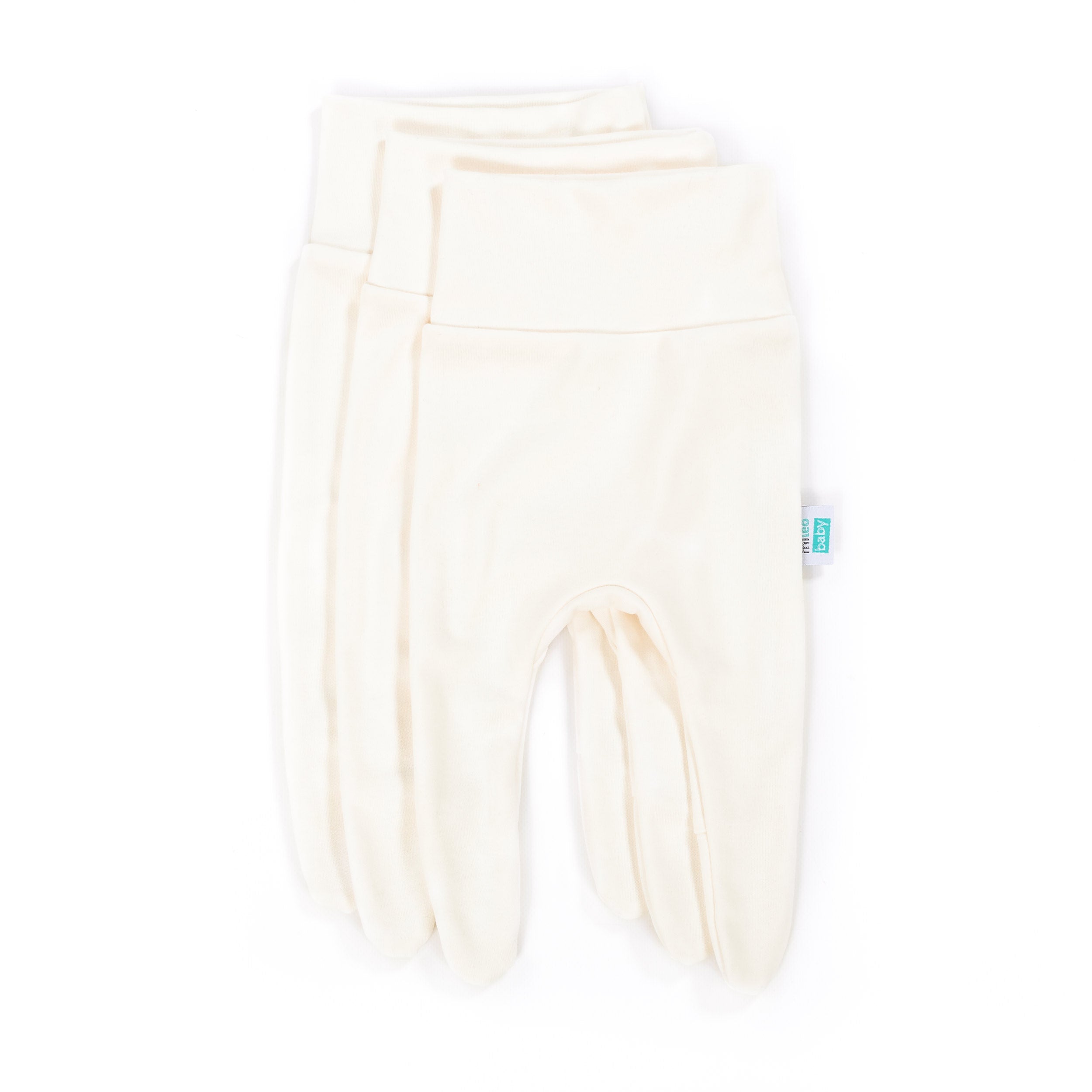 three ecru newborn pants with feet on a white background