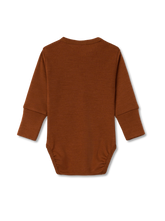 baby bodysuit in color brown made from merino wool and silk  a transparent background