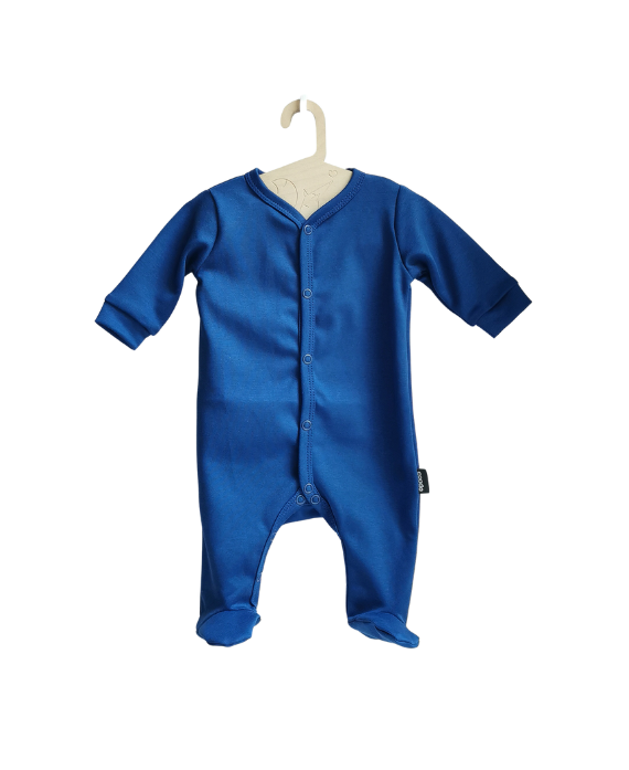 organic cotton and gots certified cobalt blue baby romper with feet on a white background