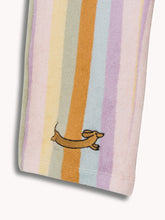 Striped culotte pants with a dachshund design on a white background