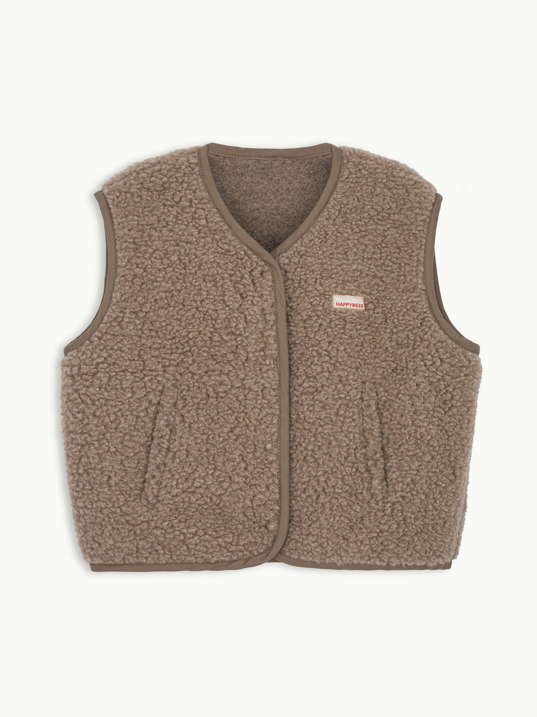 Brown fleece vest with a small logo on a white background