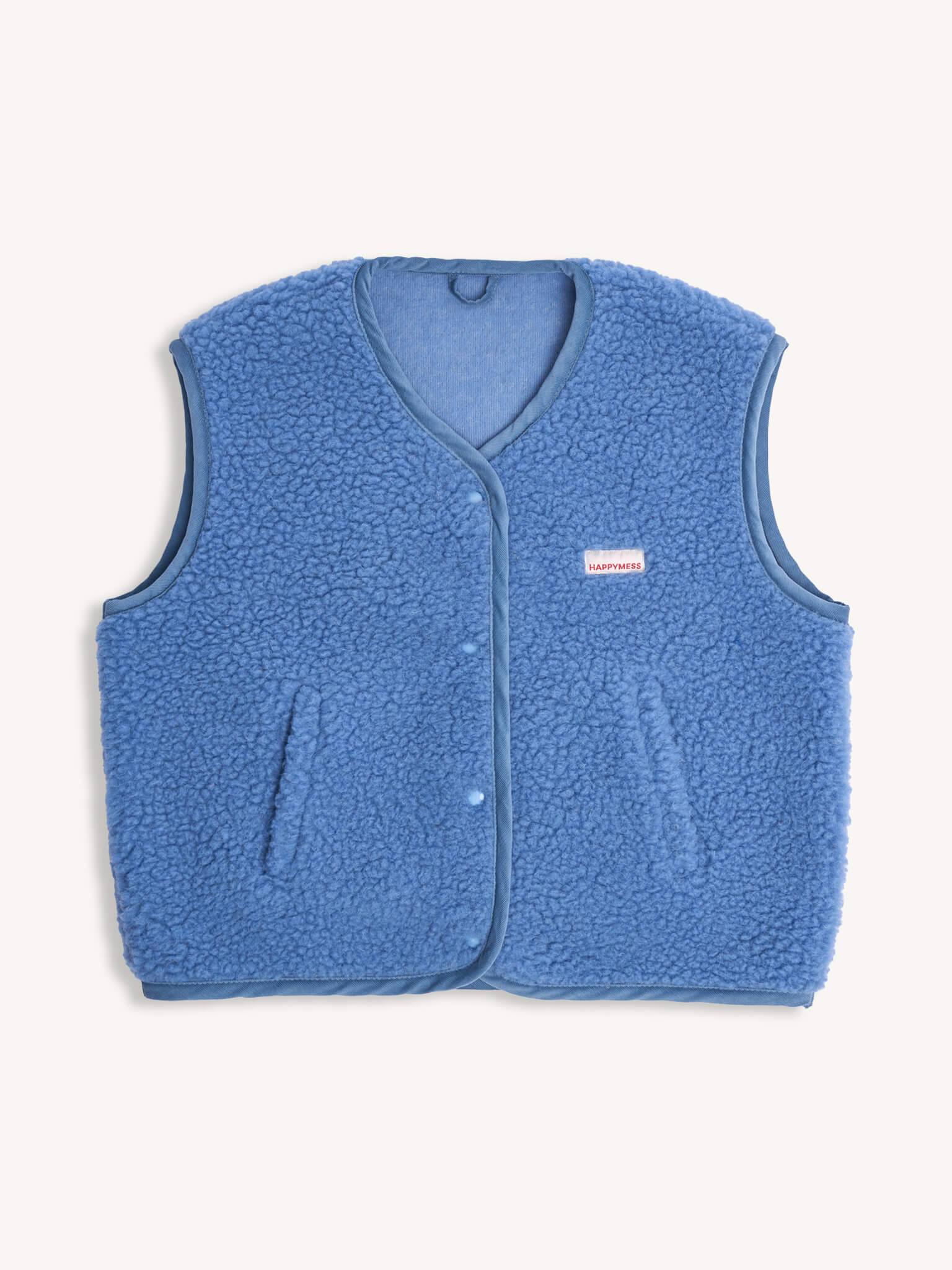 Blue fleece vest with a brand logo
