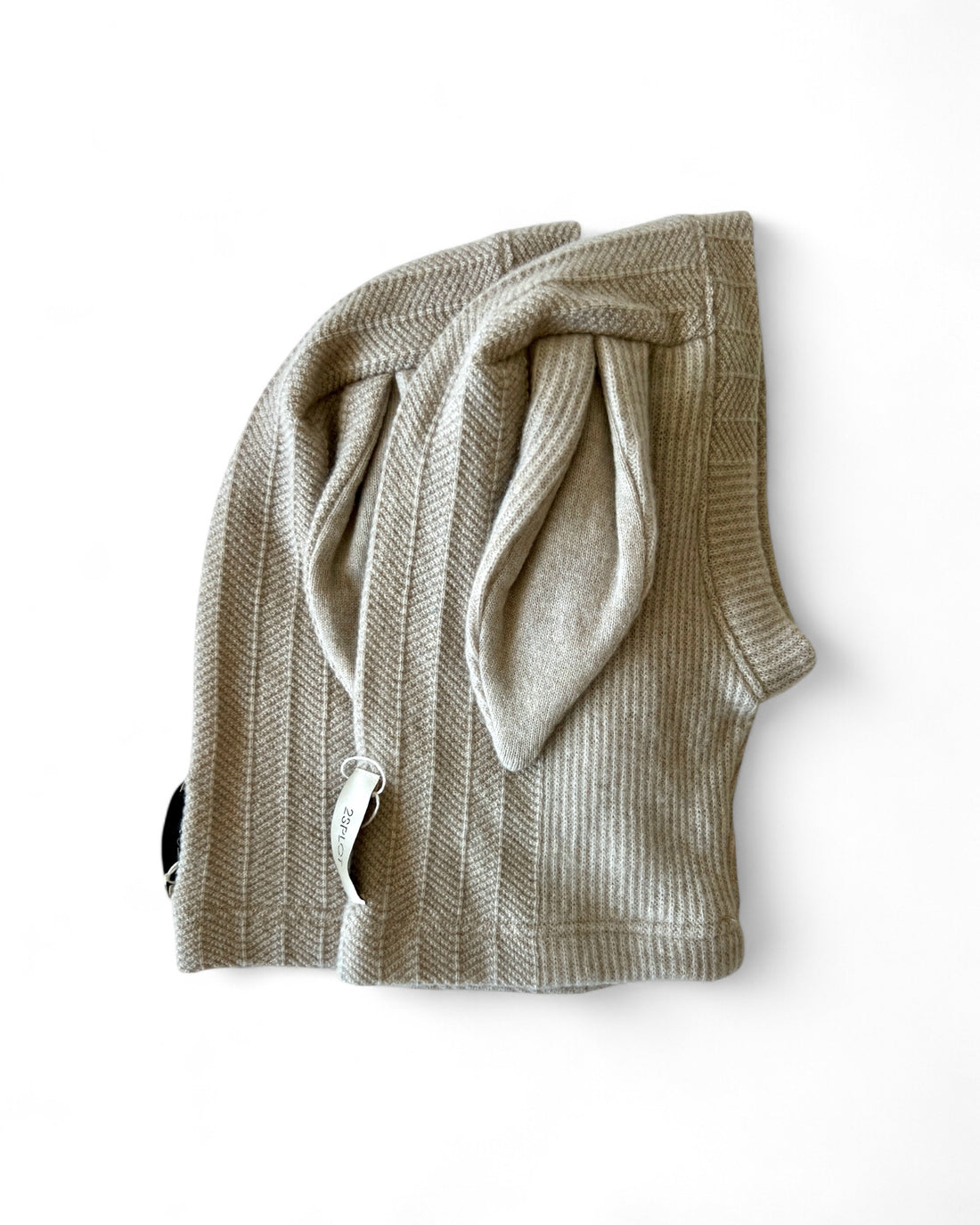 Beige cashmere balaclavas with drawstrings on a white background