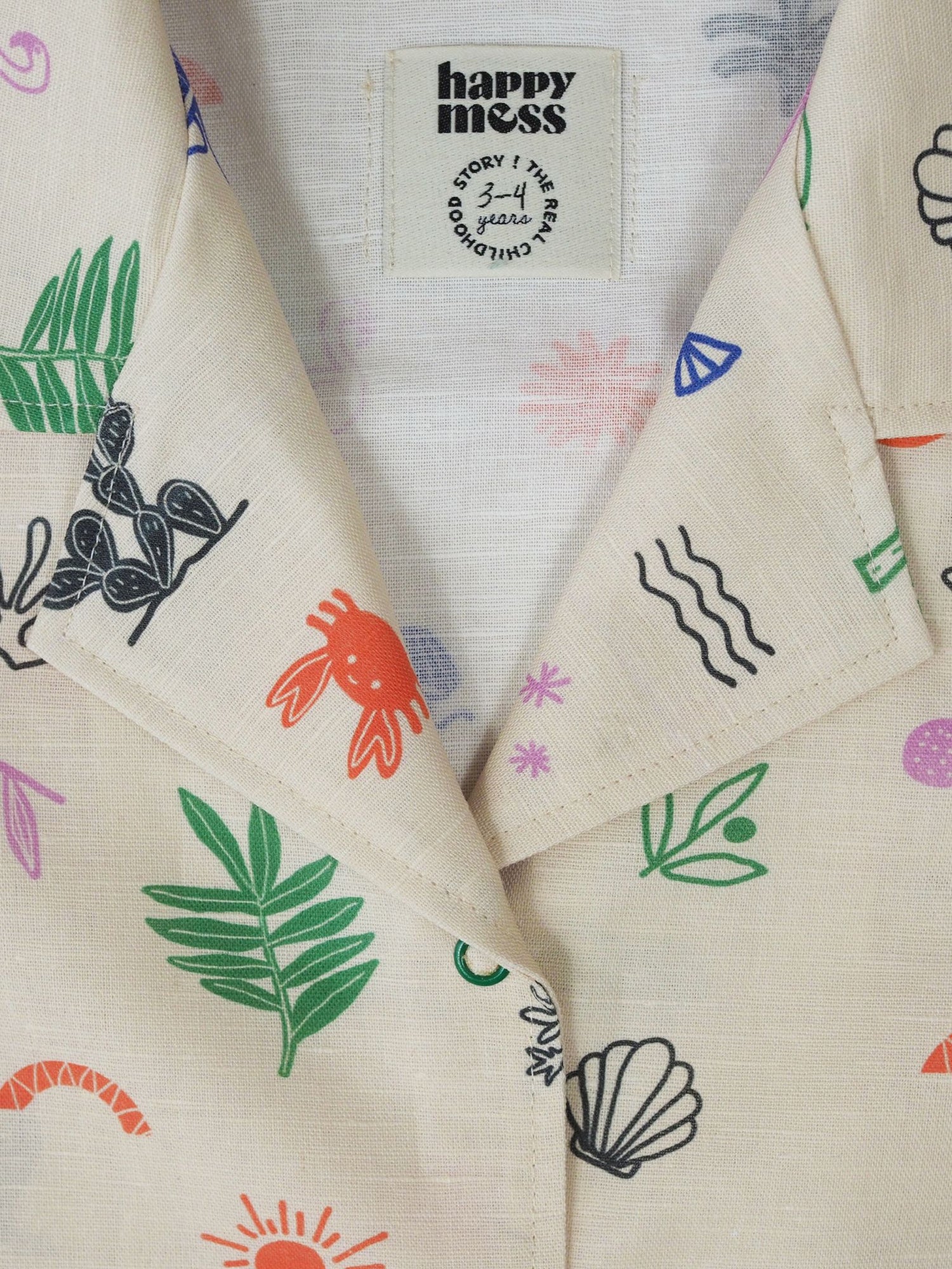 Close-up of a fabric with colorful patterns and a &