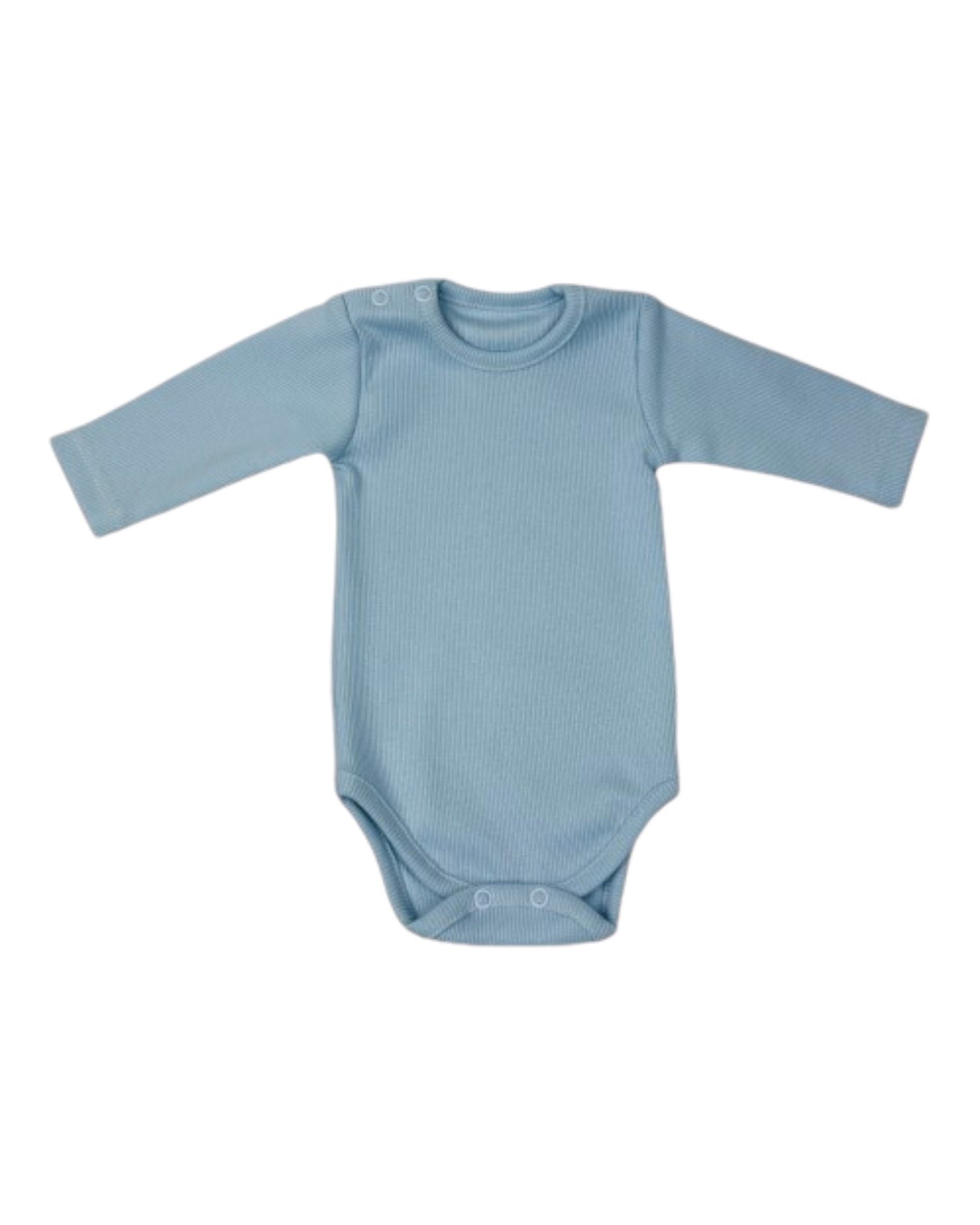 light blue bodysuit for baby made of cotton on a white plain background