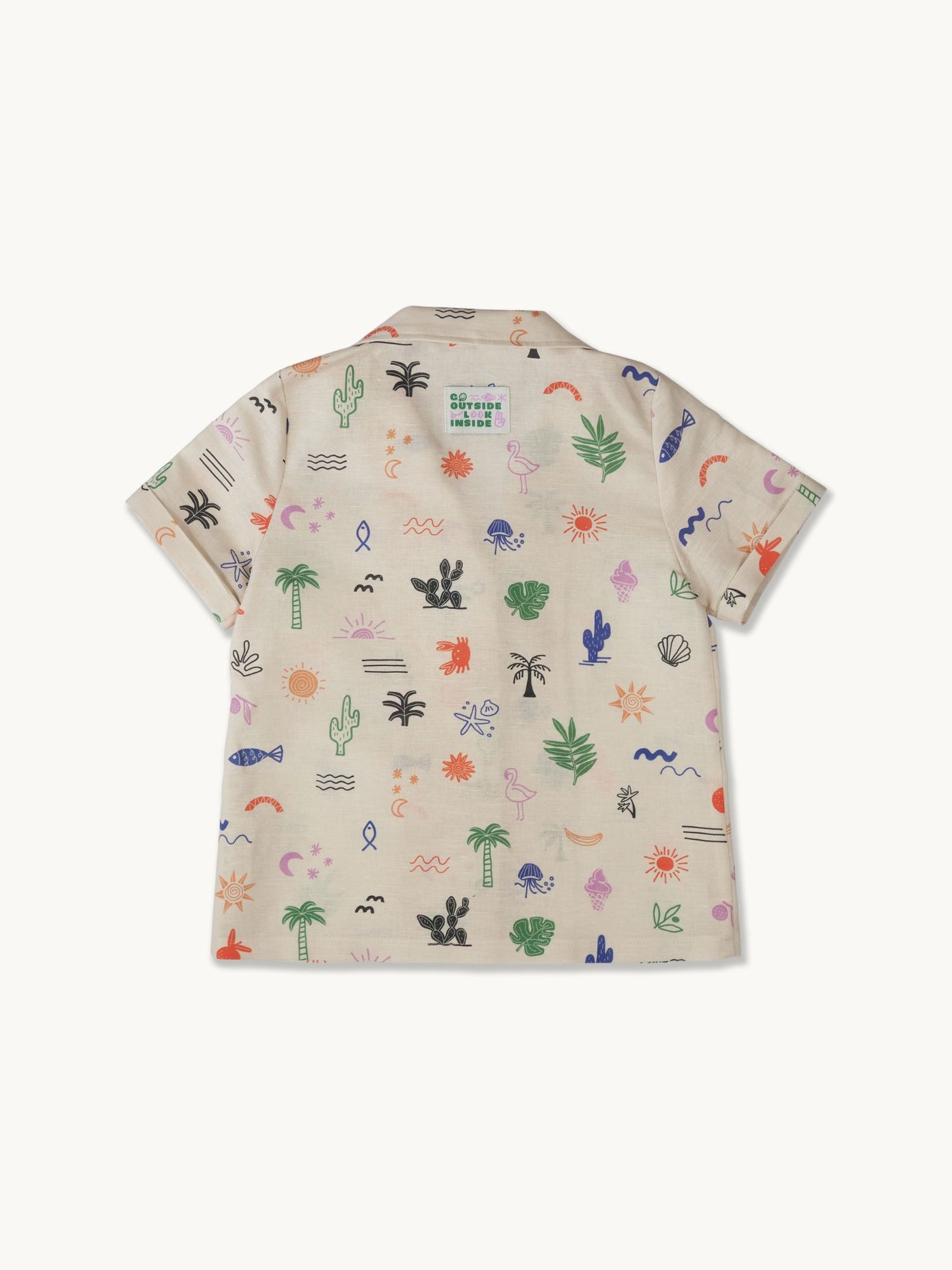 Short-sleeve shirt with colorful safari pattern on a white background