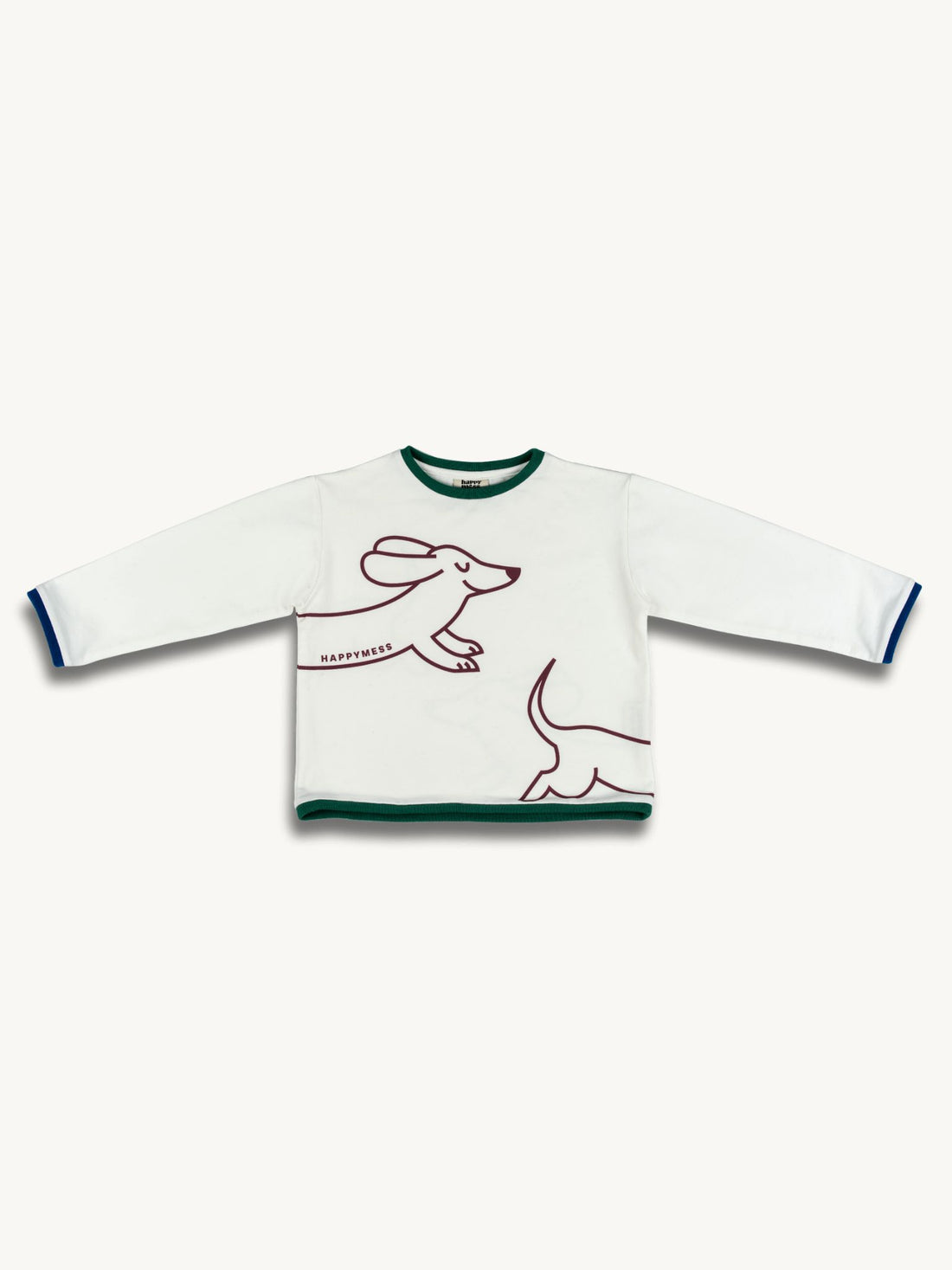 White longsleeve with a round neckline, loose fit, and a decorative contrasting ribbed cuff. It features a red and green print of a dachshund on the front.