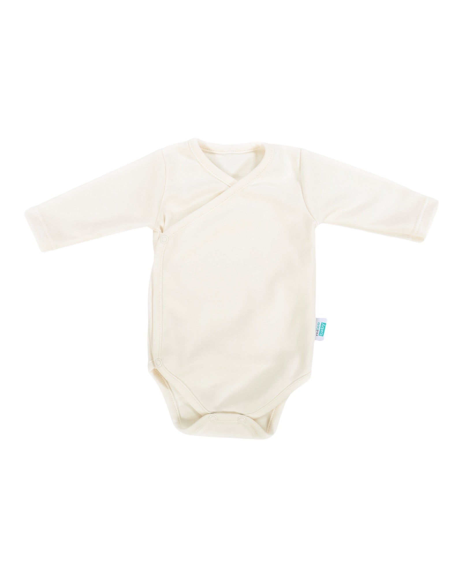 One ecru wrap style bodysuit on a white plain background