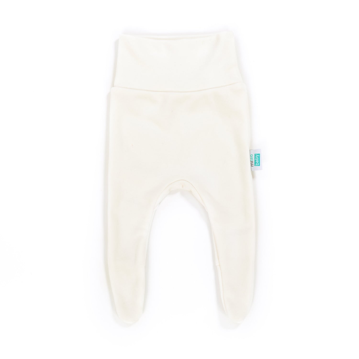 Ecru newborn pants with feet on a white background