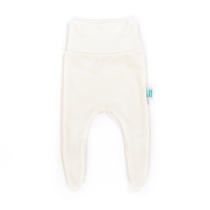 Ecru newborn pants with feet on a white background