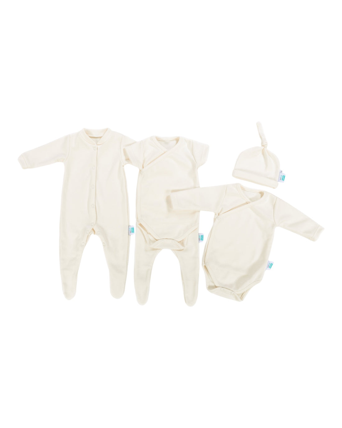 Newborn set consisting of romper with feet, short sleeve bodysuit, long sleeve bodysuit, newborn pants and hat