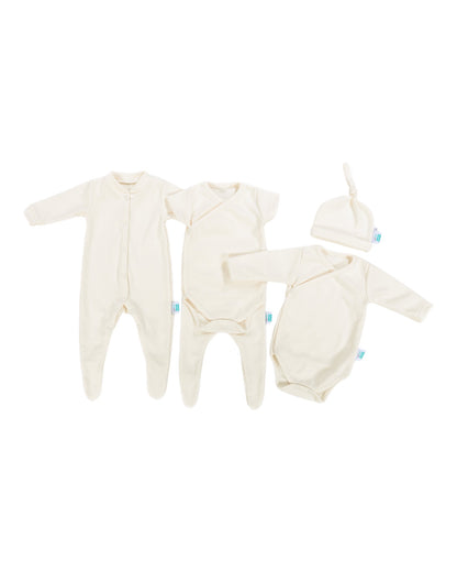 Newborn set consisting of romper with feet, short sleeve bodysuit, long sleeve bodysuit, newborn pants and hat