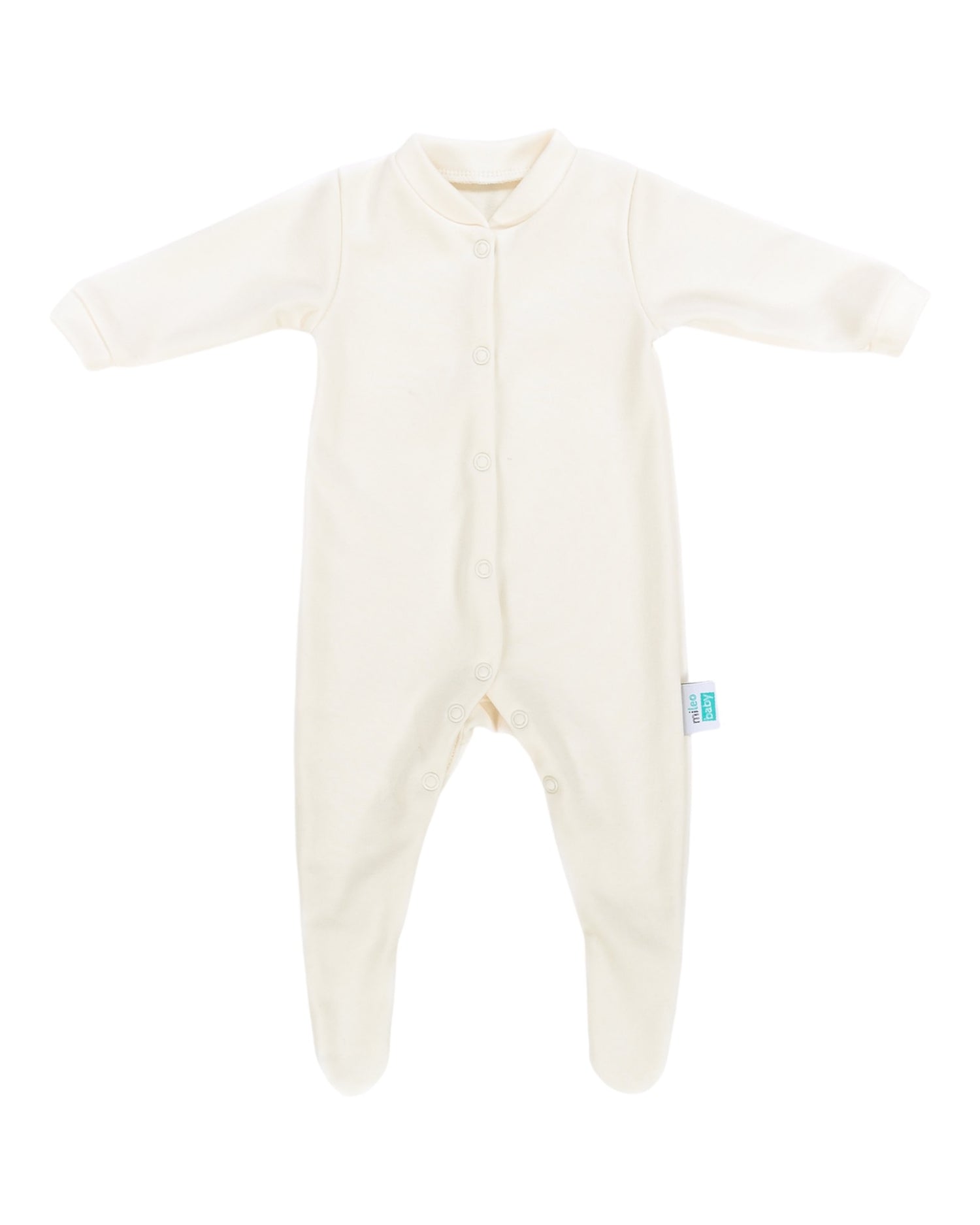 White or ecru baby romper with feet on white background