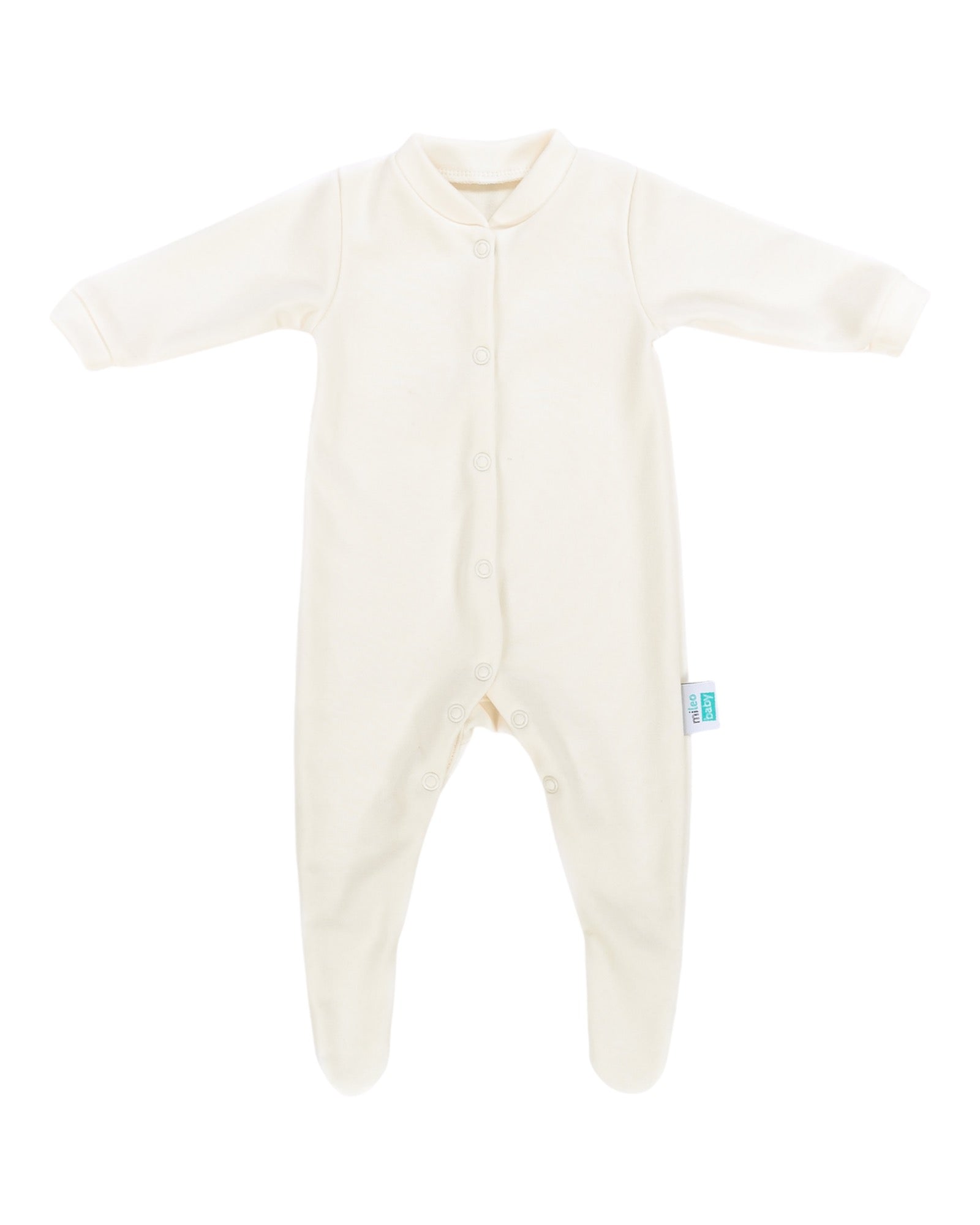 White or ecru baby romper with feet on white background