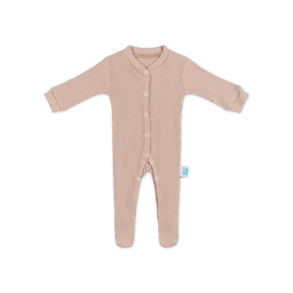 Robbed cotton beige baby romper with feet on a white background