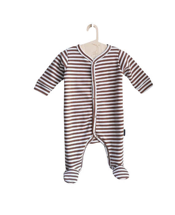 Baby romper with feet in color white with brown stripes on a white plain background