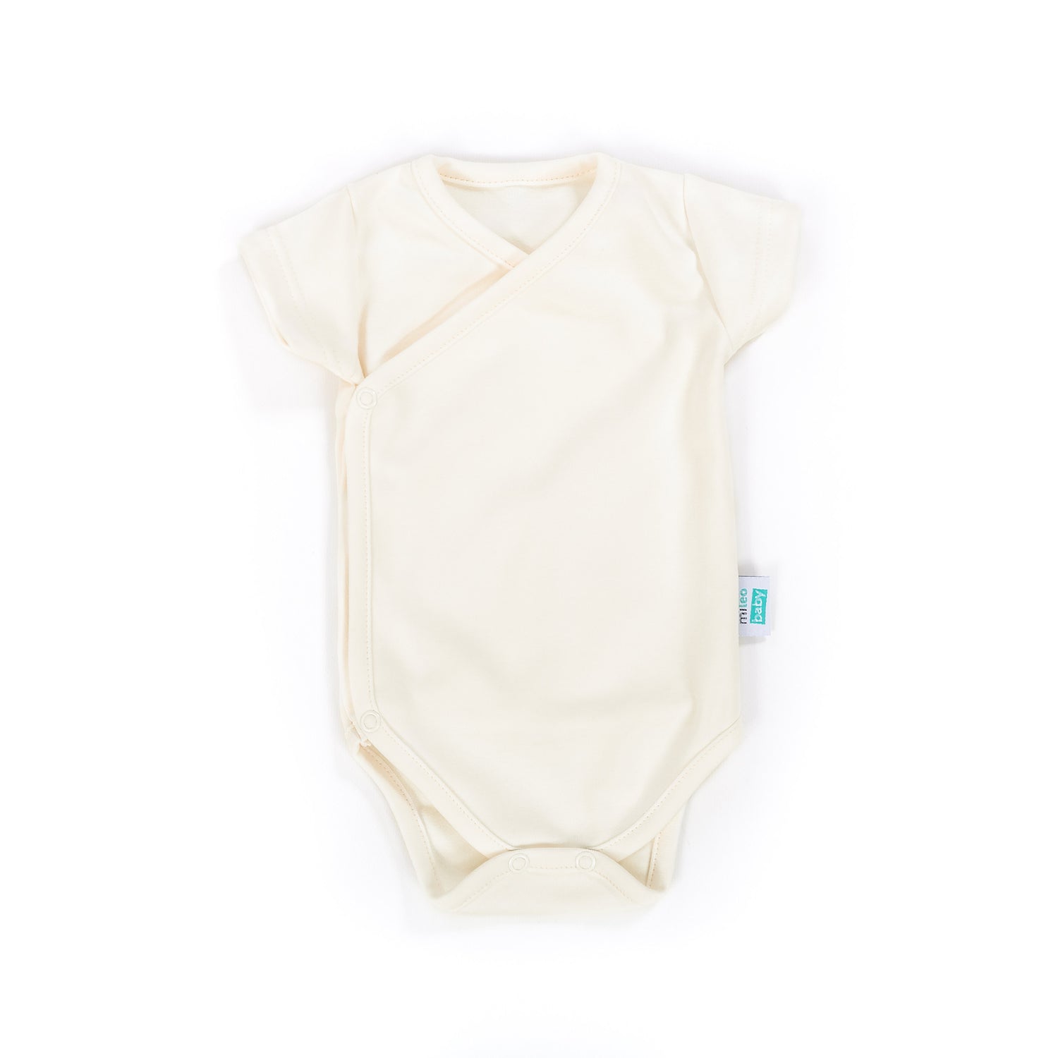 organic cotton short sleeve kimono bodysuit in color ecru on a white background