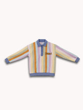 Pastel striped shirt with a small logo on a white background